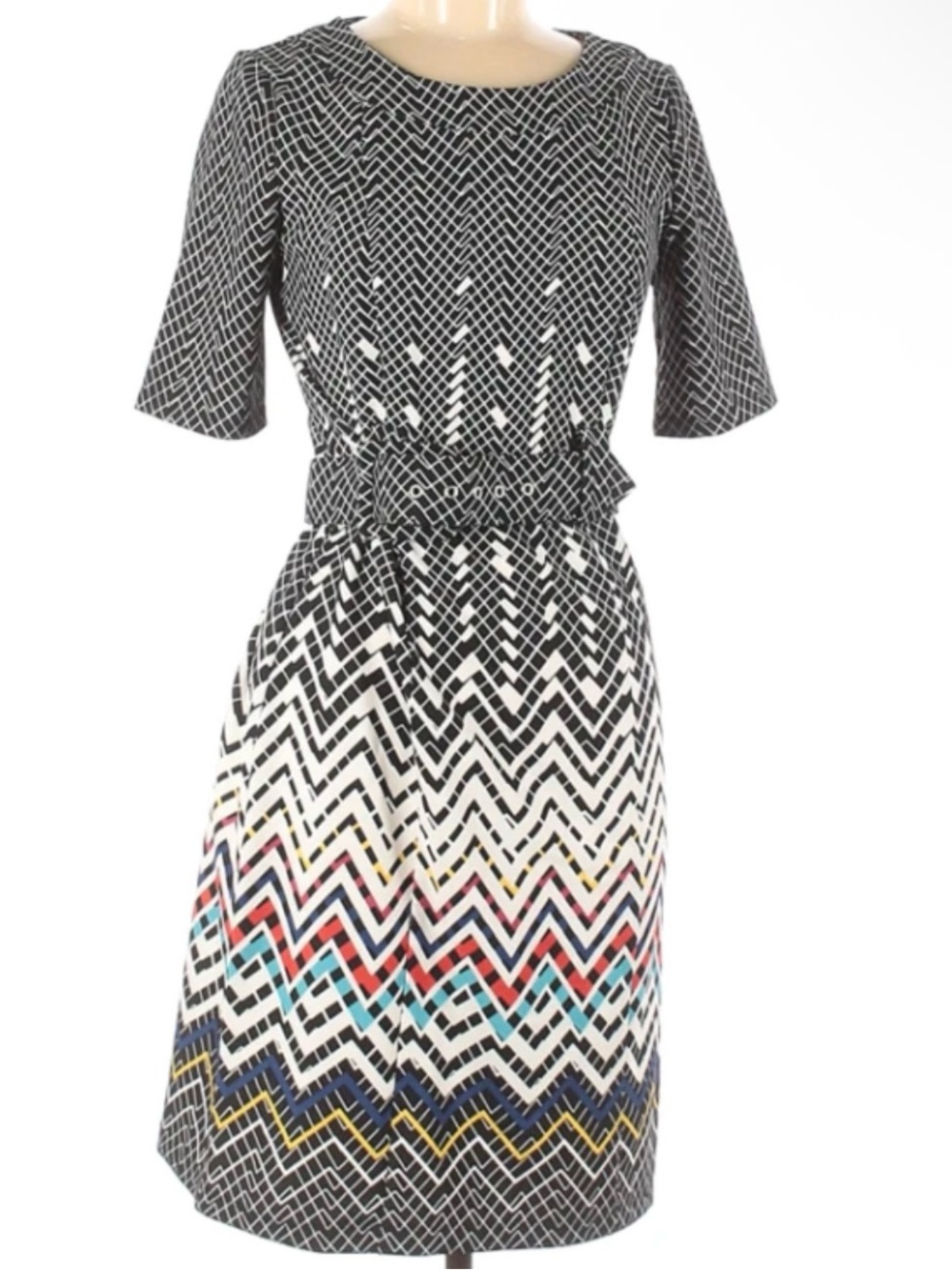 Black & White Chevron Midi Dress with Multicolor Accents